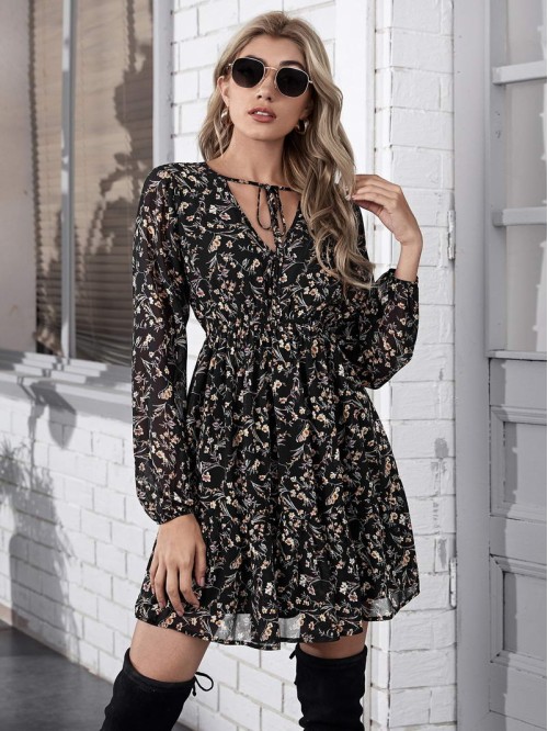 Allover Floral Print Tie Neck Chiffon Dress