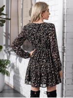 Allover Floral Print Tie Neck Chiffon Dress