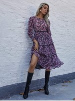 Allover Floral Print Leg-of-mutton Sleeve Dress Without Belt