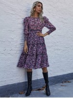 Allover Floral Print Leg-of-mutton Sleeve Dress Without Belt