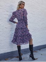 Allover Floral Print Leg-of-mutton Sleeve Dress Without Belt