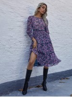 Allover Floral Print Leg-of-mutton Sleeve Dress Without Belt