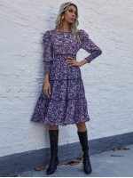 Allover Floral Print Leg-of-mutton Sleeve Dress Without Belt