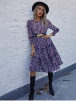 Allover Floral Print Leg-of-mutton Sleeve Dress Without Belt