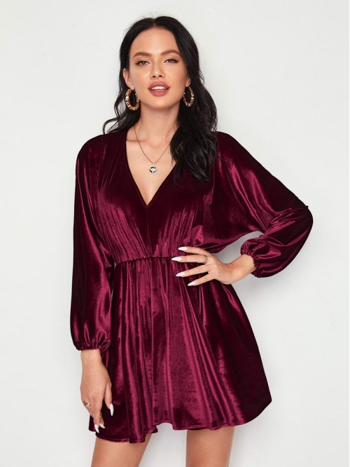 Velvet Plunging Batwing Sleeve Dress