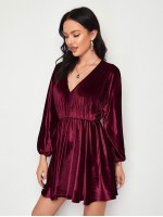 Velvet Plunging Batwing Sleeve Dress