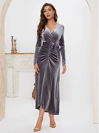 Velvet Ruched Self Tie Fitted Dress