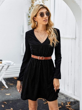 V-neck Velvet A-line Dress Without Belted