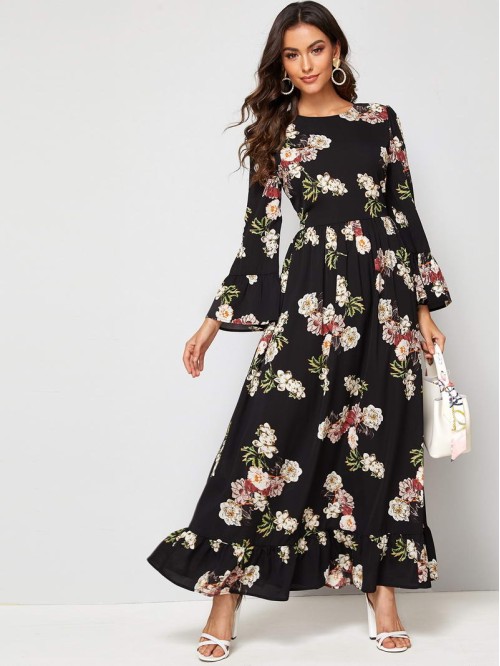 Bell Sleeve Flounce Hem Floral Print One Piece Dress