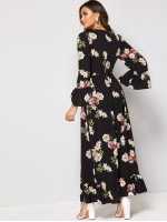 Bell Sleeve Flounce Hem Floral Print One Piece Dress