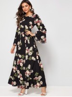 Bell Sleeve Flounce Hem Floral Print One Piece Dress