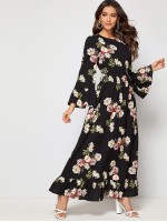 Bell Sleeve Flounce Hem Floral Print One Piece Dress