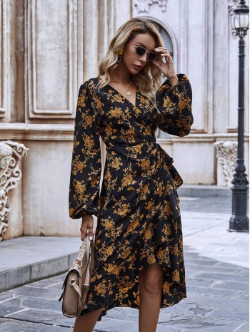 Allover Floral Ruffle Hem Wrap Tie Dress