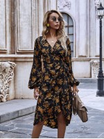 Allover Floral Ruffle Hem Wrap Tie Dress