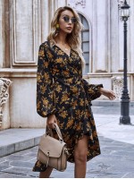 Allover Floral Ruffle Hem Wrap Tie Dress