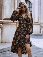 Allover Floral Ruffle Hem Wrap Tie Dress