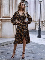 Allover Floral Ruffle Hem Wrap Tie Dress