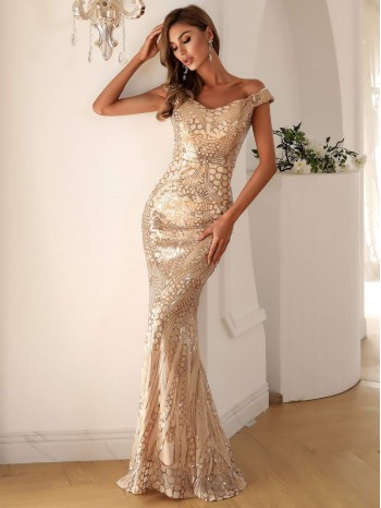 Zip Back Mermaid Hem Bardot Sequin Prom Dress