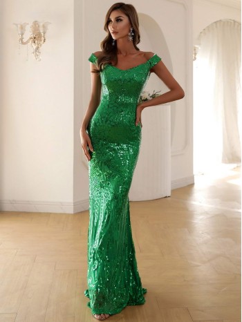 Zip Back Mermaid Hem Bardot Sequin Prom Dress