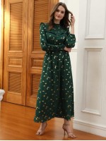 Allover Plant Print Frill Neck A-line Dress