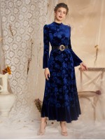 All Over Floral Print Ruffle Hem Velvet Dress Without Belt