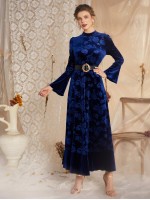 All Over Floral Print Ruffle Hem Velvet Dress Without Belt