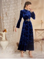 All Over Floral Print Ruffle Hem Velvet Dress Without Belt