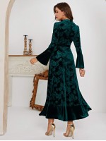 All Over Floral Print Ruffle Hem Velvet Dress Without Belt