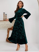 All Over Floral Print Ruffle Hem Velvet Dress Without Belt