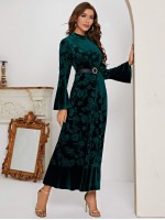 All Over Floral Print Ruffle Hem Velvet Dress Without Belt