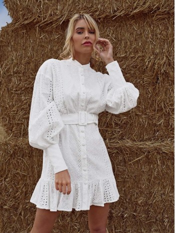 Blouson Sleeve Buckle Belted Ruffle Hem Schiffy Dress