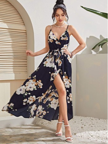 Wrap Belted High Low Floral Cami Dress