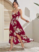 Wrap Belted High Low Floral Cami Dress