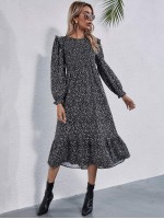 Allover Print Ruffle Hem Dress Without Belt