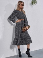 Allover Print Ruffle Hem Dress Without Belt