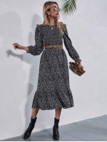 Allover Print Ruffle Hem Dress Without Belt