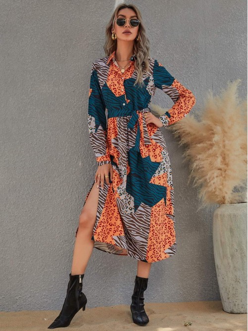 Zebra Striped Belted Slit Hem Shirt Dress