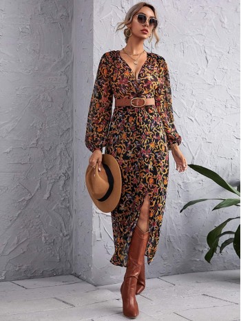 Baroque And Floral Print Twist Plunging Dress Without Belt