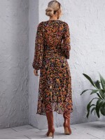 Baroque And Floral Print Twist Plunging Dress Without Belt