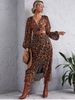 Baroque And Floral Print Twist Plunging Dress Without Belt