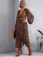 Baroque And Floral Print Twist Plunging Dress Without Belt