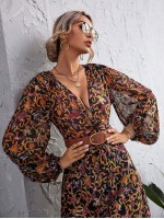 Baroque And Floral Print Twist Plunging Dress Without Belt