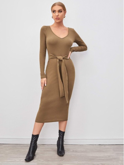 V-Neck Tie Waist Dress