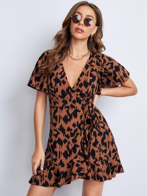 Allover Print Butterfly Sleeve Wrap Belted Dress