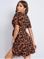 Allover Print Butterfly Sleeve Wrap Belted Dress