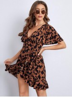 Allover Print Butterfly Sleeve Wrap Belted Dress