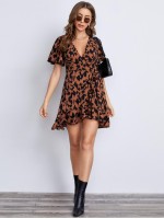 Allover Print Butterfly Sleeve Wrap Belted Dress