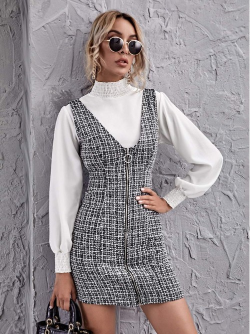 Zip Up Sleeveless Tweed Dress