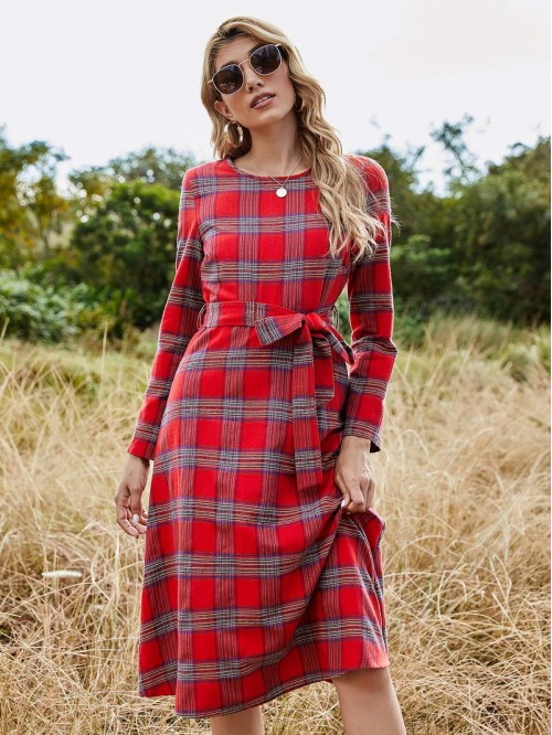 Zip Back Belted Tartan Dress