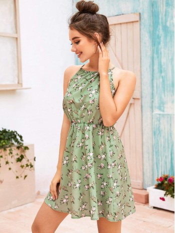 Allover Floral Print Halter Dress